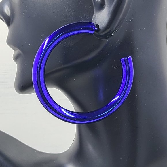 2" 80's Retro Royal Blue Metallic Coating Tube Metal Hoop Earrings - Picture 4 of 11